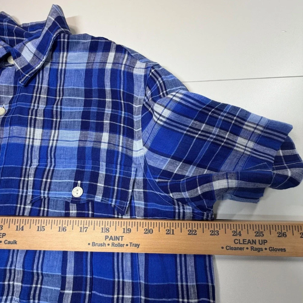 Polo Ralph Lauren Button Down Shirt Mens Medium Blue Plaid Linen Classic Fit